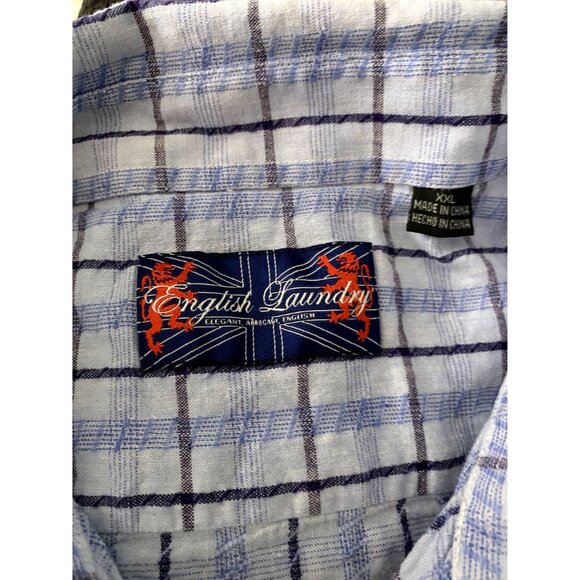 English Laundry Button Up Linen Blend Shirt XXL Blue Plaid Short Sleeve Collared - Picture 6 of 6